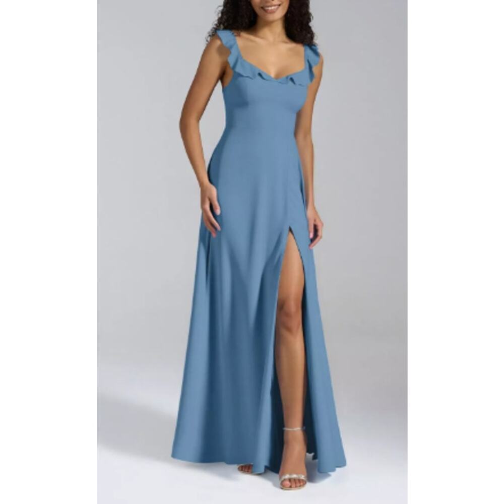 AW BRIDAL 0 XS dusty blue Sam chiffon wedding party gala maxi dress NEW B69